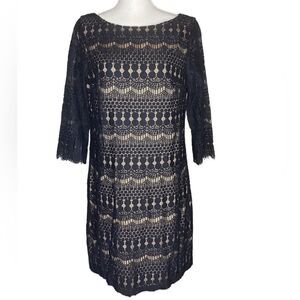 Jessica H Wm’s Sz 14 Black Lace Overlay Cream Liner Knee Length Cocktail Dress